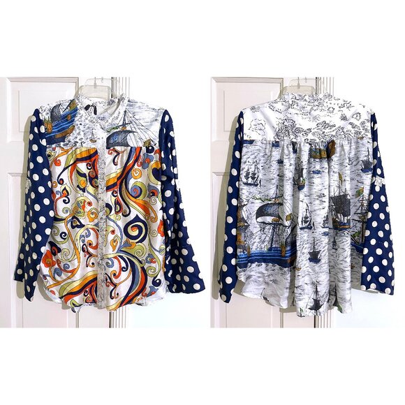 La Prestic Ouiston Jeanne Ship Map Swirl Print Silk Top Blouse Patchwork 1 Small - Picture 1 of 15